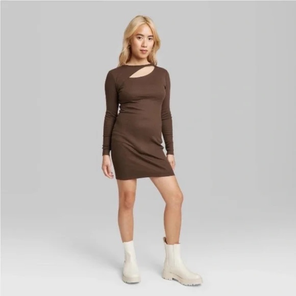 BROWN LONG SLEEVE BODYCON MINI DRESS